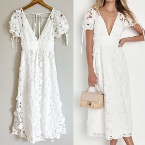 Flourishing Blossoms White 3D Floral Backless Midi Dress
